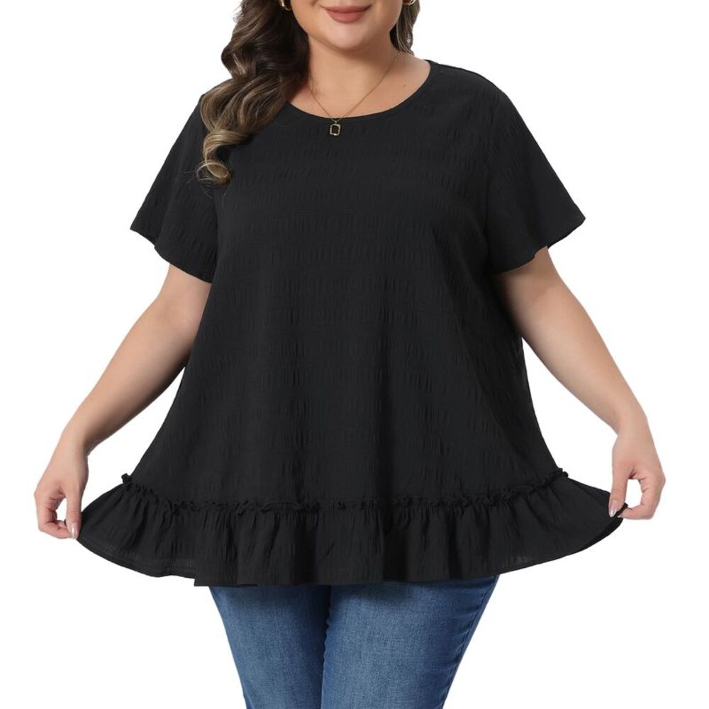 Women Plus Size Short Sleeve Summer Loose Fit Flowy Blouse Top Black
